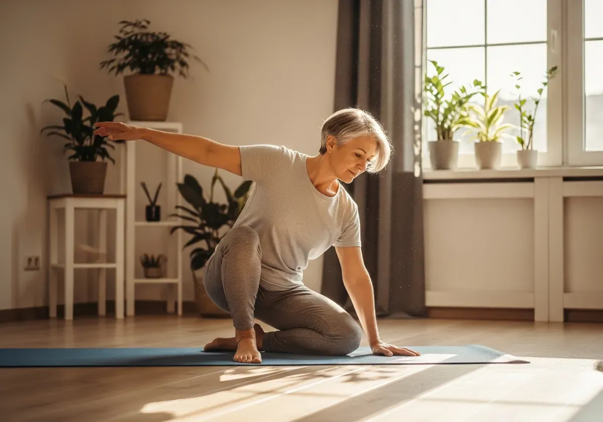 Mature adult performing gentle stretching exercises for joint mobility and active recovery in natural light home wellness set