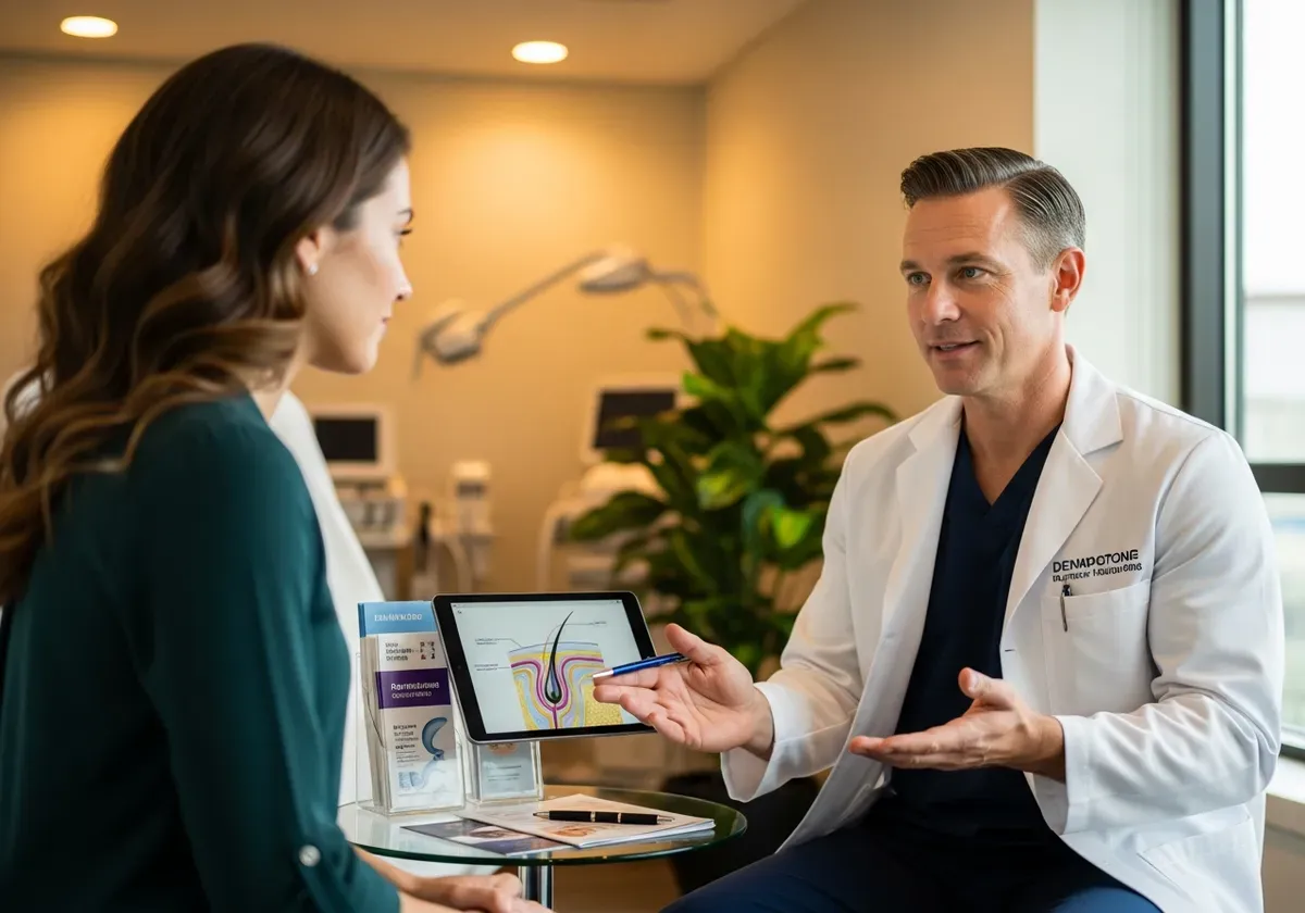 Dermatologist consulting patient about peptide hair growth treatments including GHK-Cu and Thymosin Beta-4 options