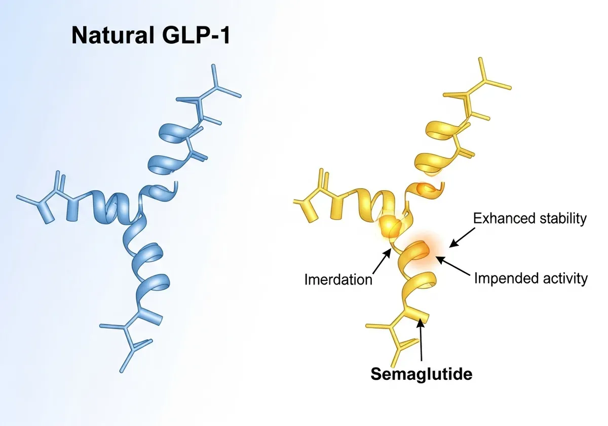 Molecular structure comparison of natural GLP-1 hormone versus synthetic semaglutide peptide for weight loss and fat burning