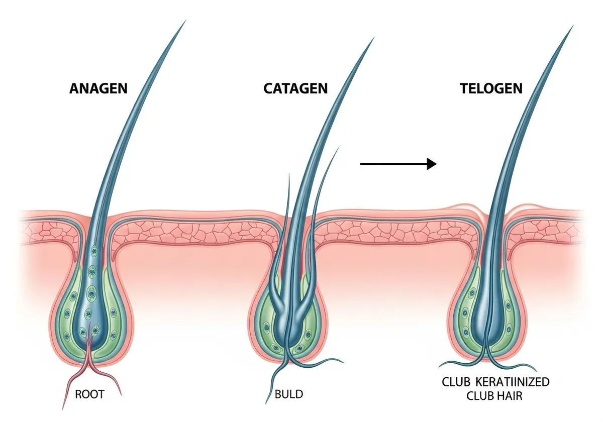 Hair growth cycle diagram showing anagen growth phase, catagen transition, and telogen resting phase with timeline progressio