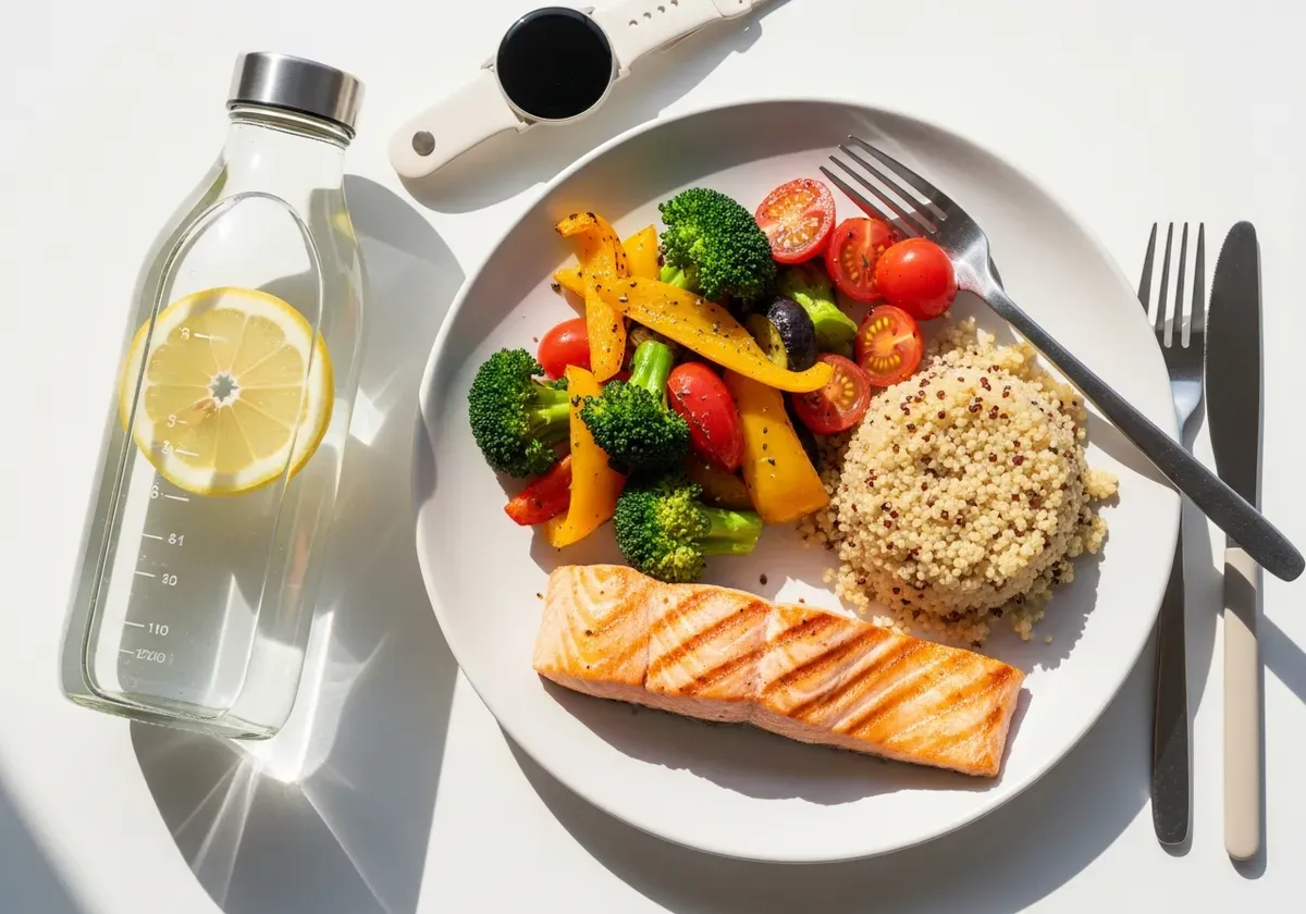Balanced healthy meal with fresh vegetables and lean protein next to dumbbells, representing holistic fat loss approach with 