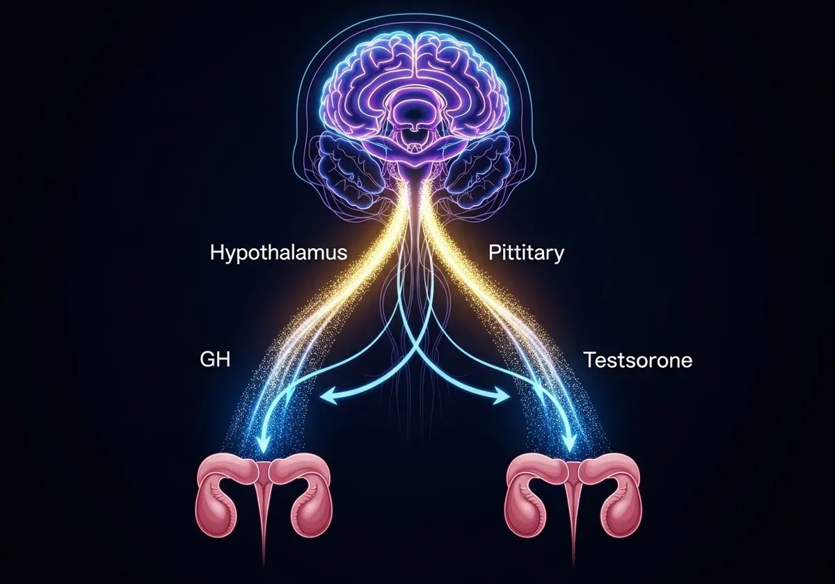 Anatomical illustration of hypothalamic-pituitary-gonadal axis showing testosterone and growth hormone molecules flowing thro