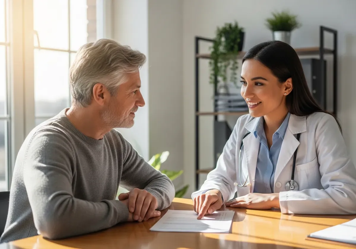 Older adult consulting with healthcare provider about peptide therapy options for fat loss treatment and informed medical dec