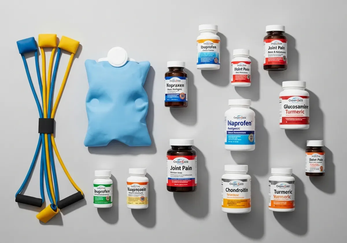 Assorted joint pain treatment options including resistance bands, anti-inflammatory medications, ice pack, and supplements ar