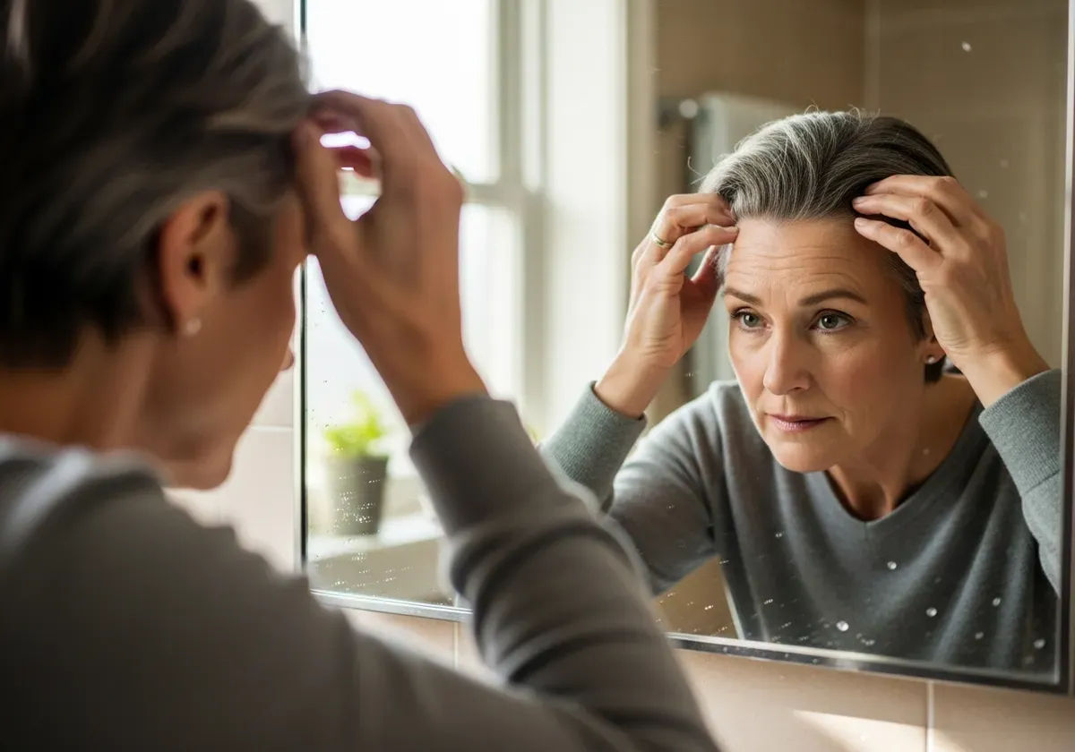 Mature adult examining thinning hair in mirror, considering peptide treatments like GHK-Cu and TB-500 for hair growth restora