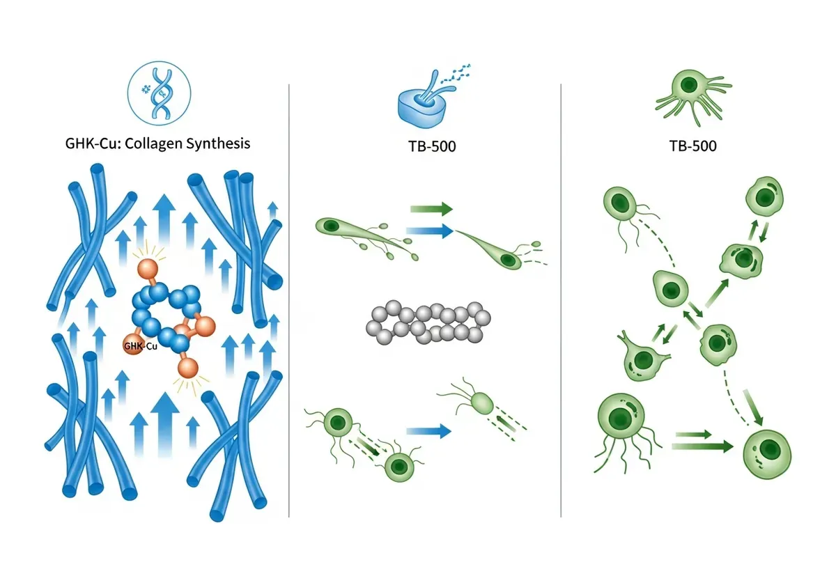 Comparison chart illustrating mechanisms of GHK-Cu collagen synthesis, TB-500 cellular migration, and BPC-157 tissue repair f