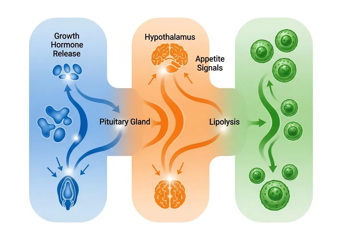 Illustration comparing peptide mechanisms for fat loss including growth hormone pathways, appetite regulation, and fat cell m