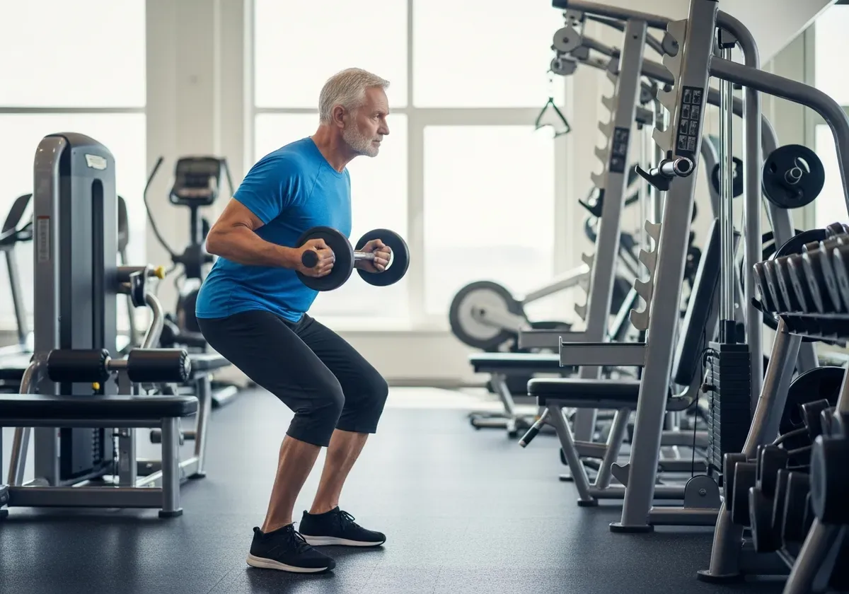 Mature man performing resistance training with proper form in modern gym, representing fitness lifestyle supported by testost