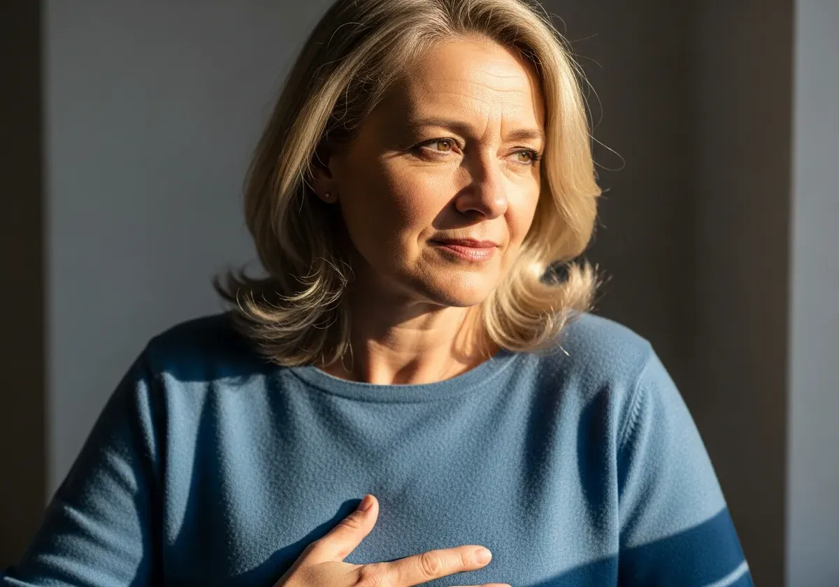 Mature adult holding stomach with thoughtful expression, illustrating side effects and health considerations in peptide weigh