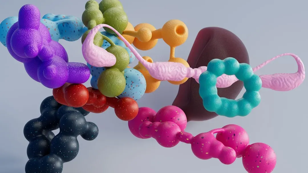 Microscopic visualization of peptide molecules and amino acid chains interacting with hair follicle cells, demonstrating cell