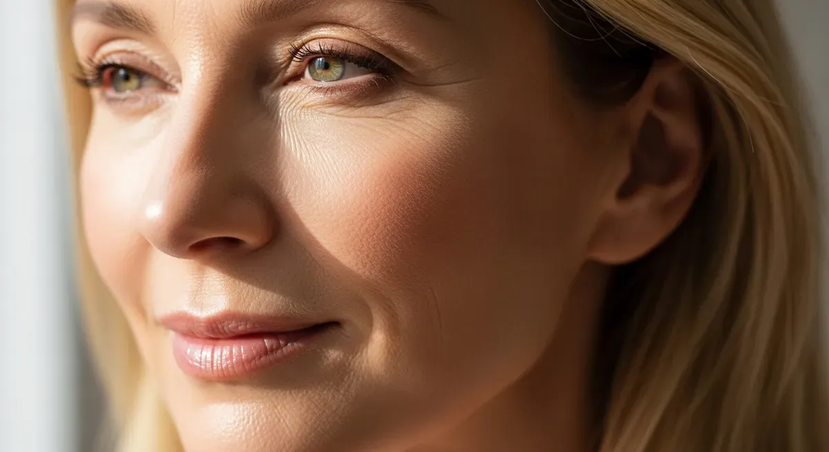 Mature woman with radiant, firm skin showing GHK-Cu copper peptides benefits for skin regeneration and rejuvenation