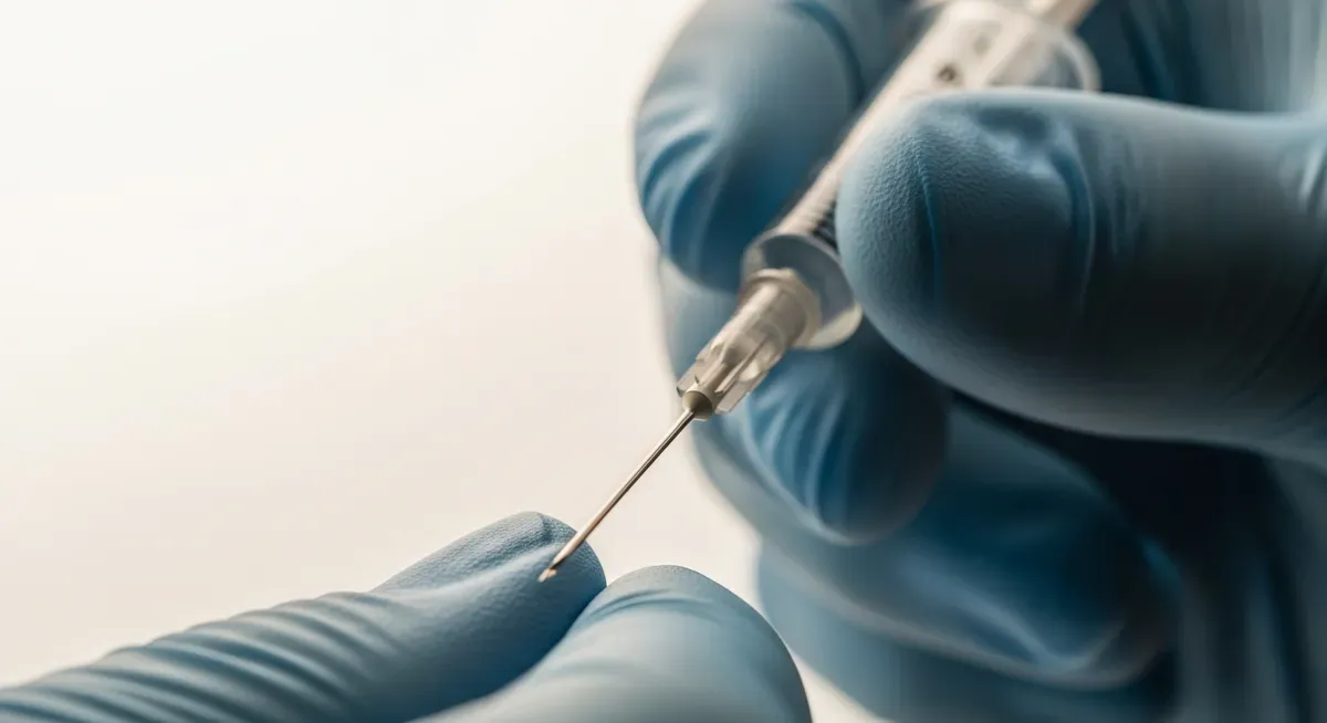 Medical syringe with clear peptide solution prepared for injection in clinical setting for joint recovery treatment