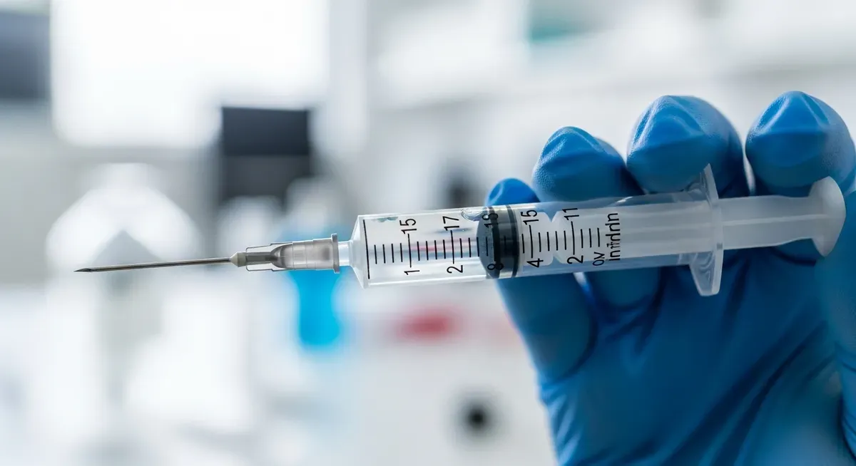 Medical professional holding syringe with clear peptide solution for weight loss and fat burning treatment in clinical settin