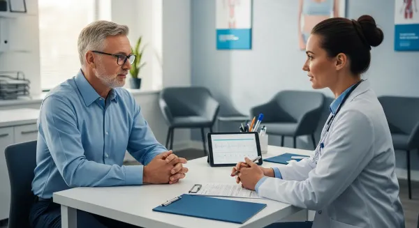 Healthcare provider consulting with mature man about testosterone peptides like Ipamorelin, CJC-1295, and GHRP-6 in modern we