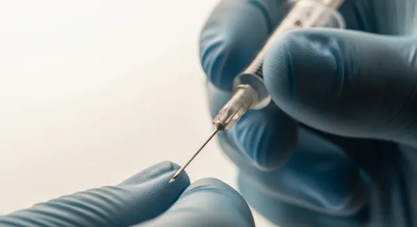 Medical syringe with clear peptide solution prepared for injection in clinical setting for joint recovery treatment